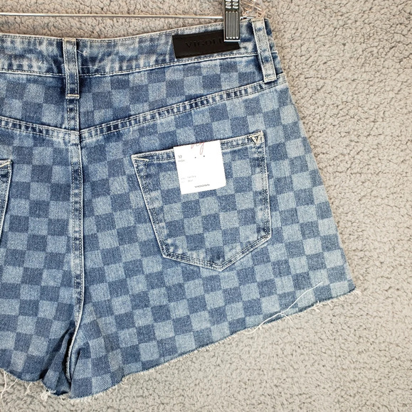 Vigoss Checker Print High Rise Raw Hem Denim Shorts Sz 32 - Picture 10 of 12